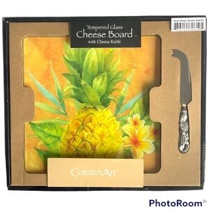 Pineapple Tropical Glass Cheese Board and Cheese Knife Set NEW CounterArt
